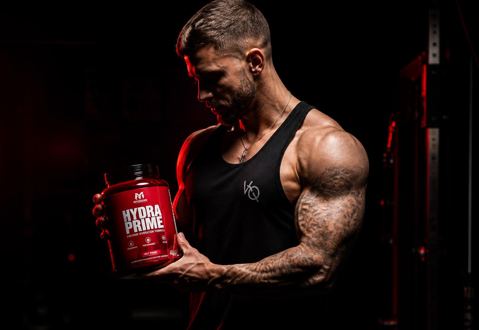 Athlete in a gym holding a tub of authentic sports nutrition supplement